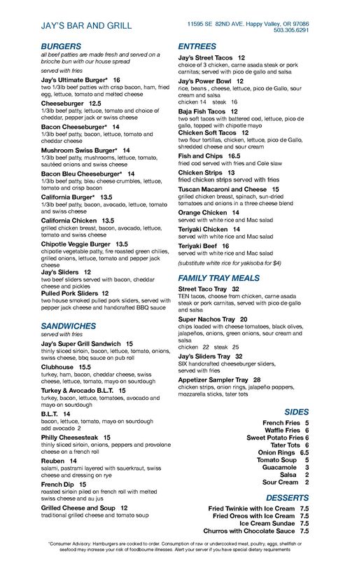 Jay's Bar & Grill Food & Drink Menus